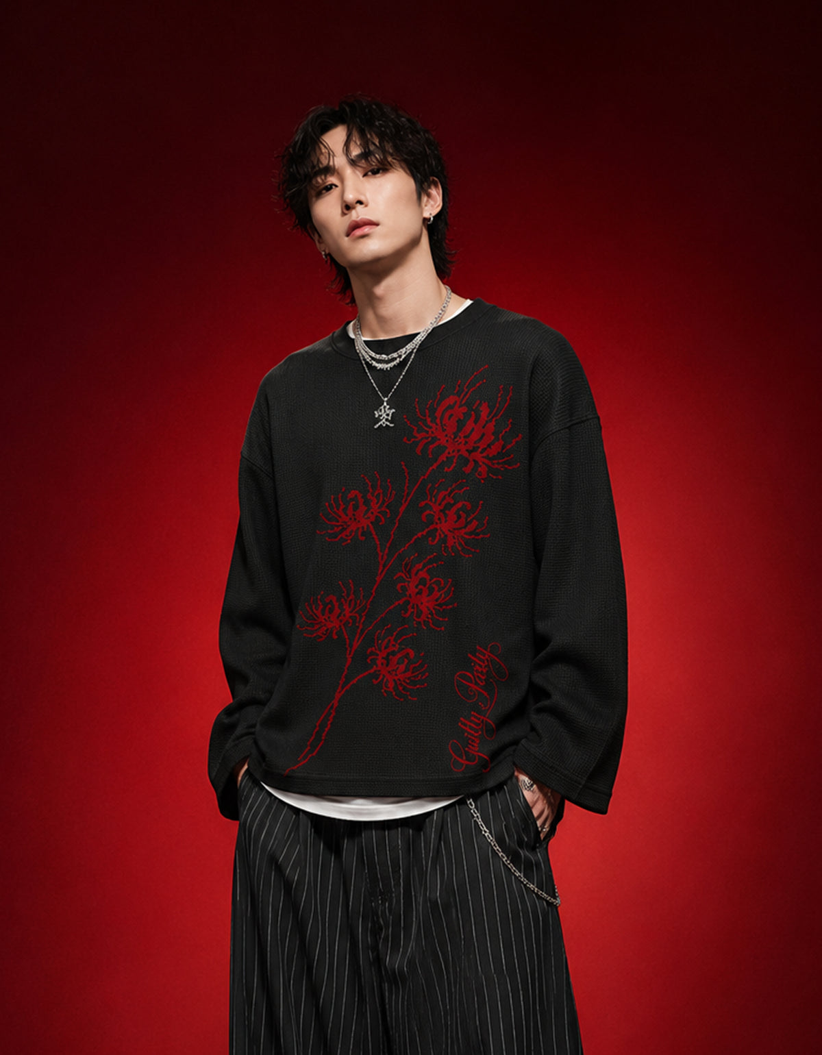 Blood Lily Black Waffle Knit Oversized Full-sleeve