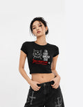 Female model wearing GUILTY PARTY navy cropped baby tee with My Red Flags Are Decorative graphic print