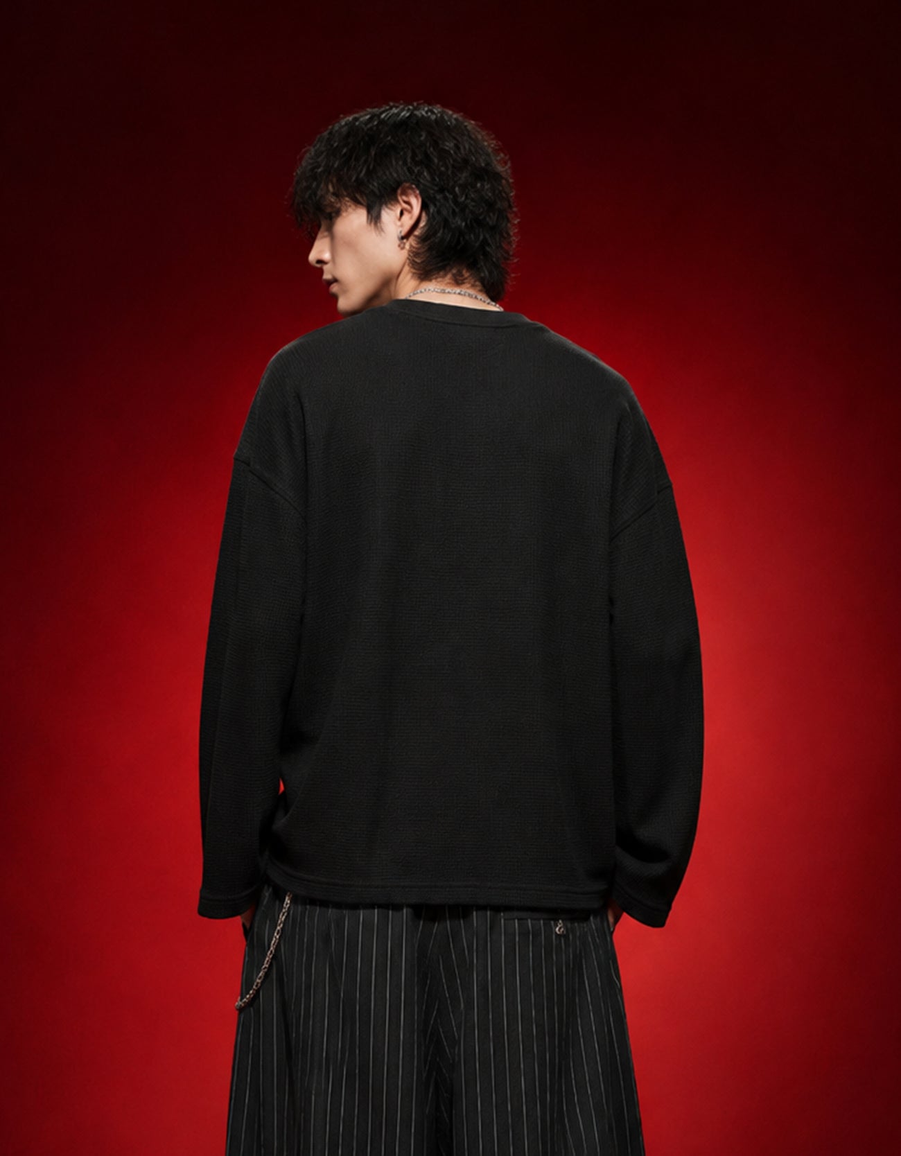 Blood Lily Black Waffle Knit Oversized Full-sleeve