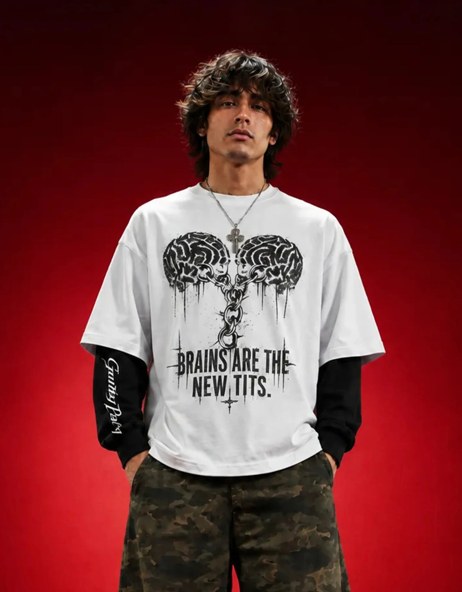 Cerebral Sin White And Black Sleeve Oversized Tee