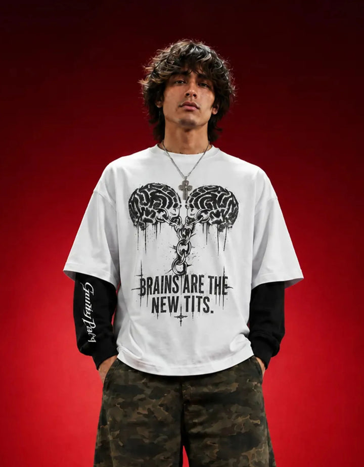 Cerebral Sin White And Black Sleeve Oversized Tee