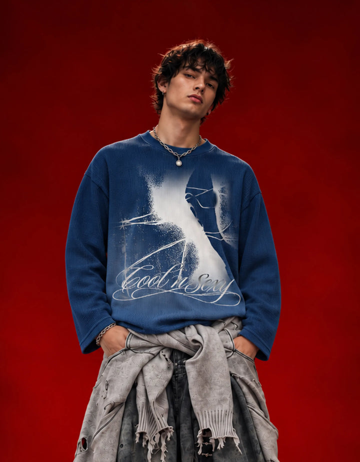 Cool N Sexy Blue Ombre Waffle Knit Oversized Full-Sleeve
