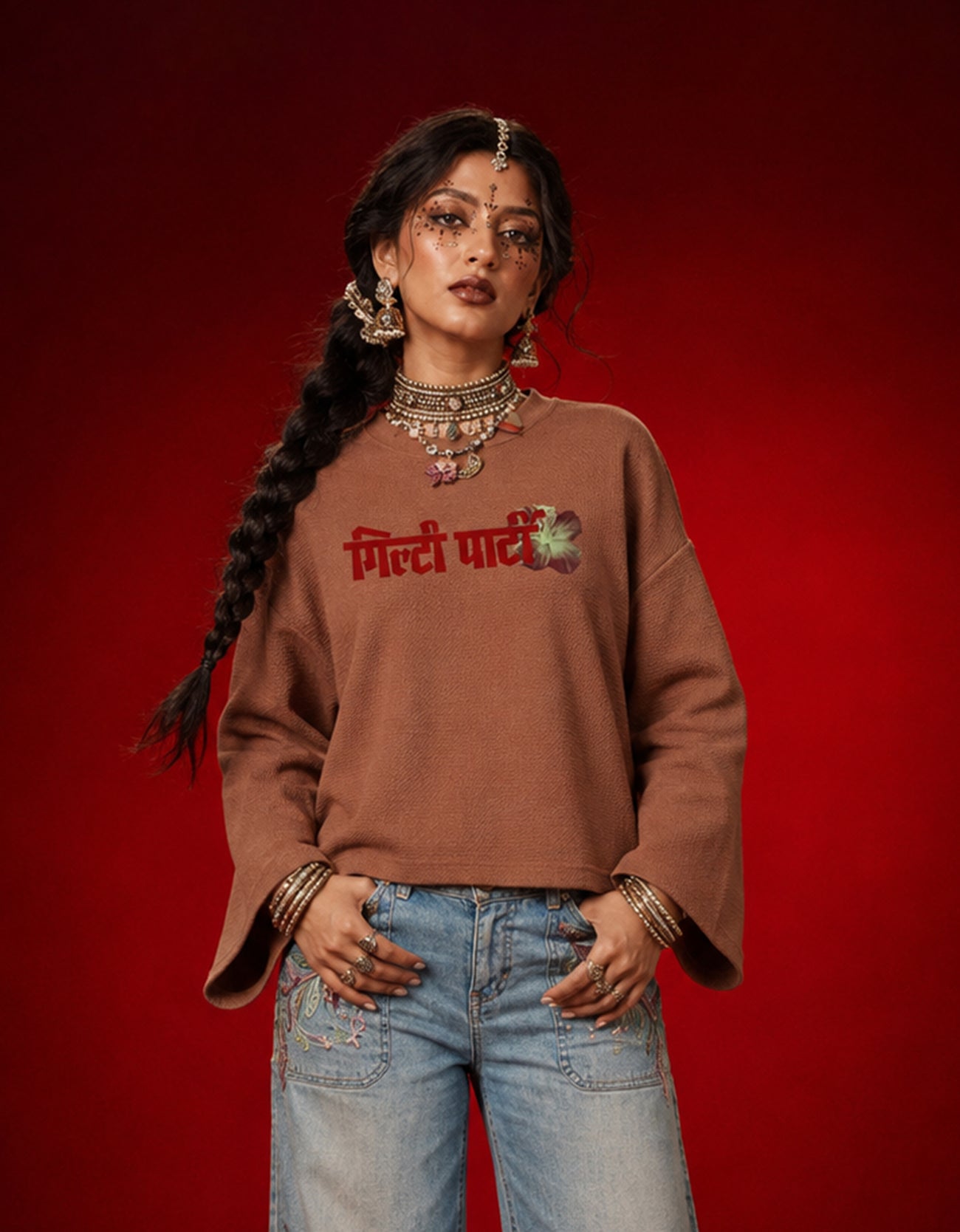 Crimson Shakti Brown Waffle knit Oversized Full-Sleeve