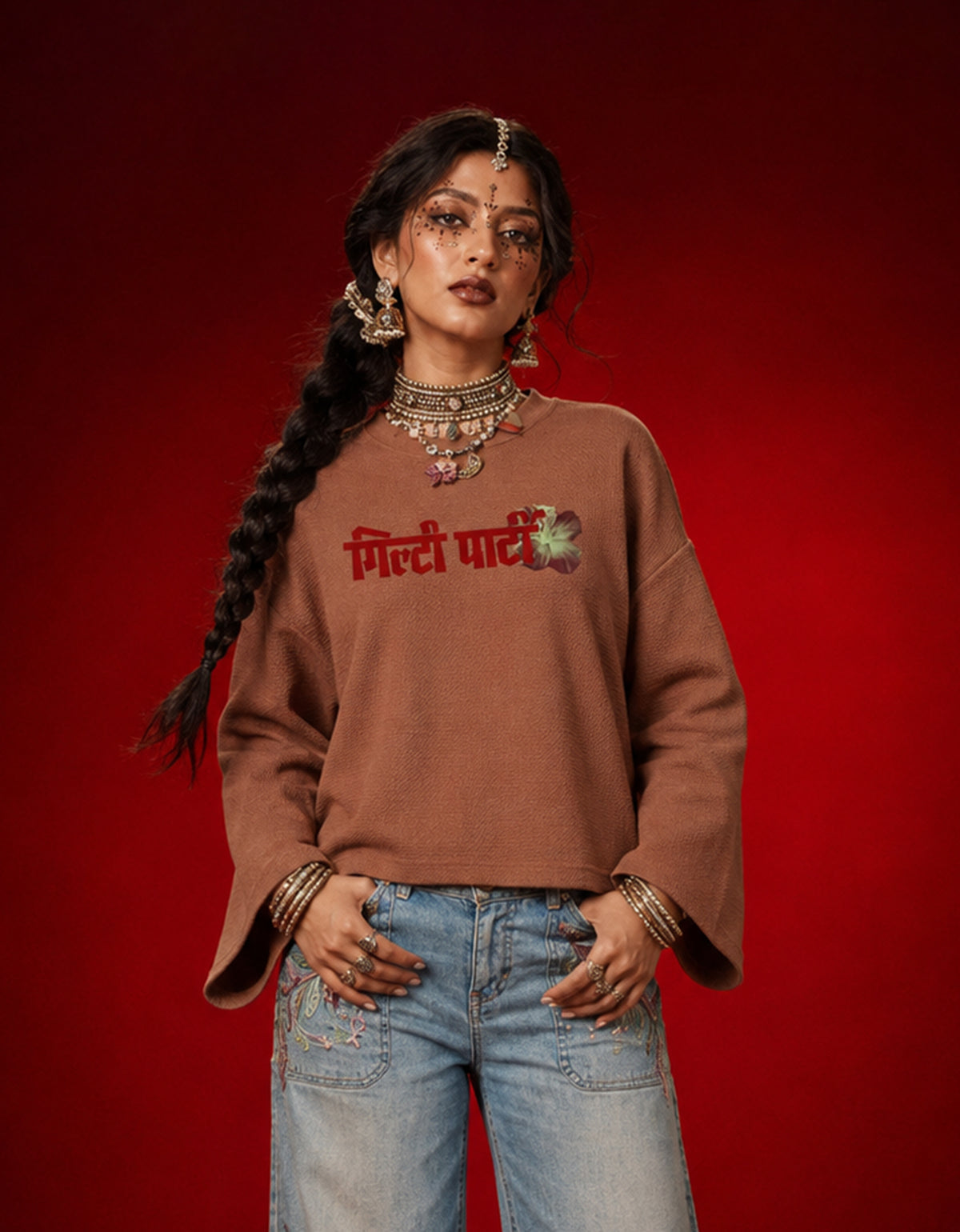 Crimson Shakti Brown Waffle knit Cropped Full-Sleeve