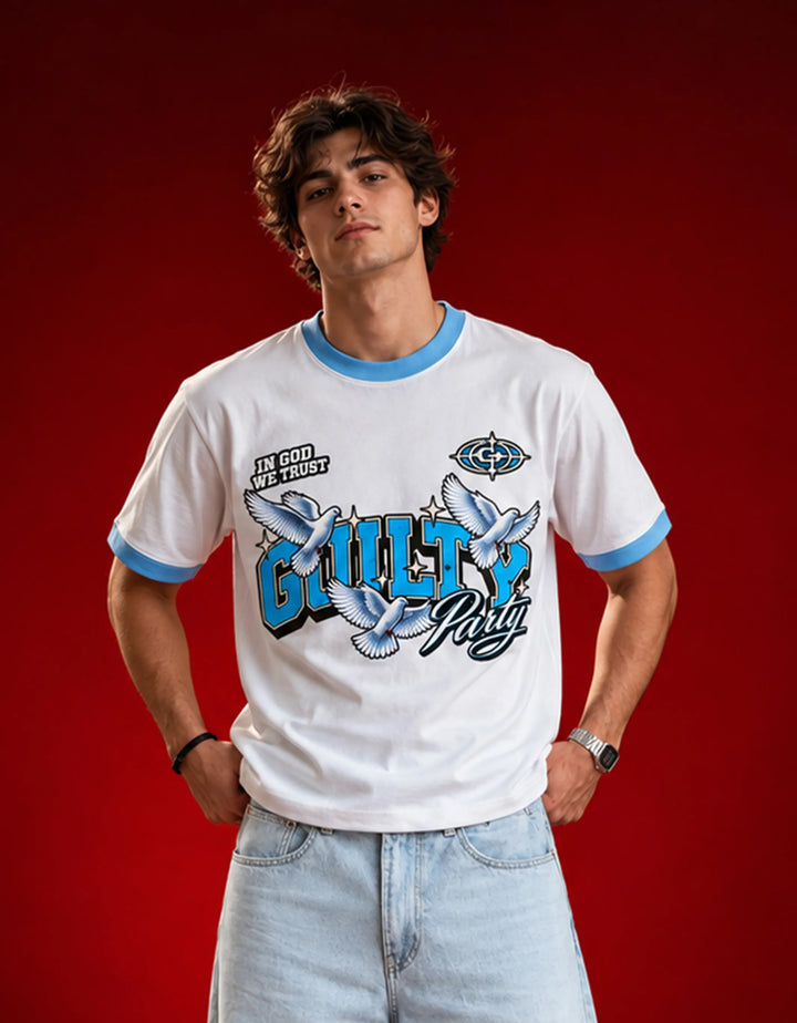 Heaven Made white sky blue ringer tee