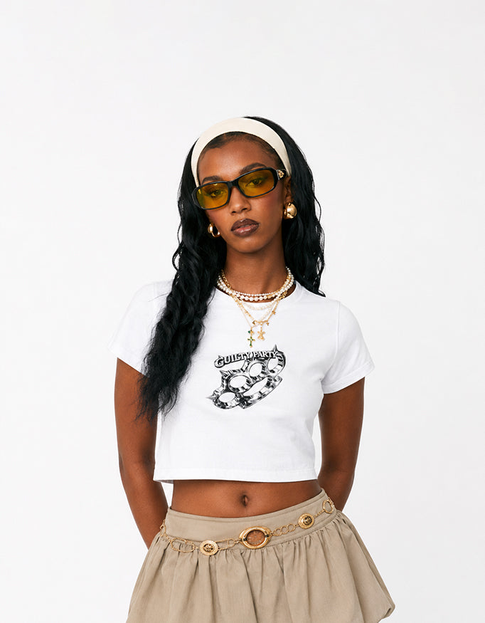Back view of GUILTY PARTY black cropped baby tee