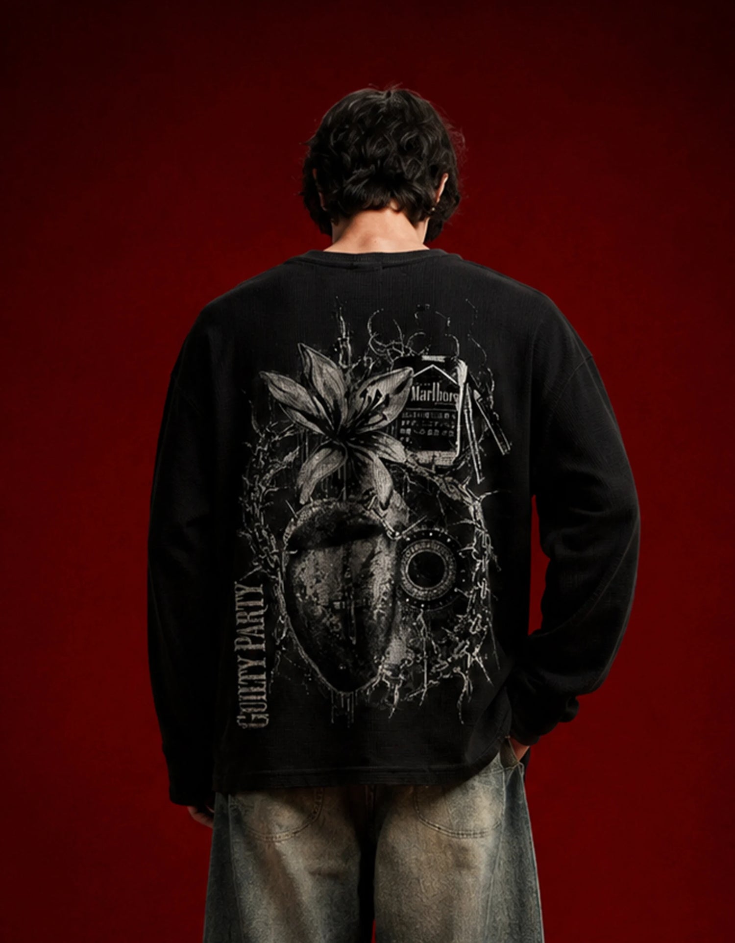 Rotten Bloom Black Henley Waffle Knit
