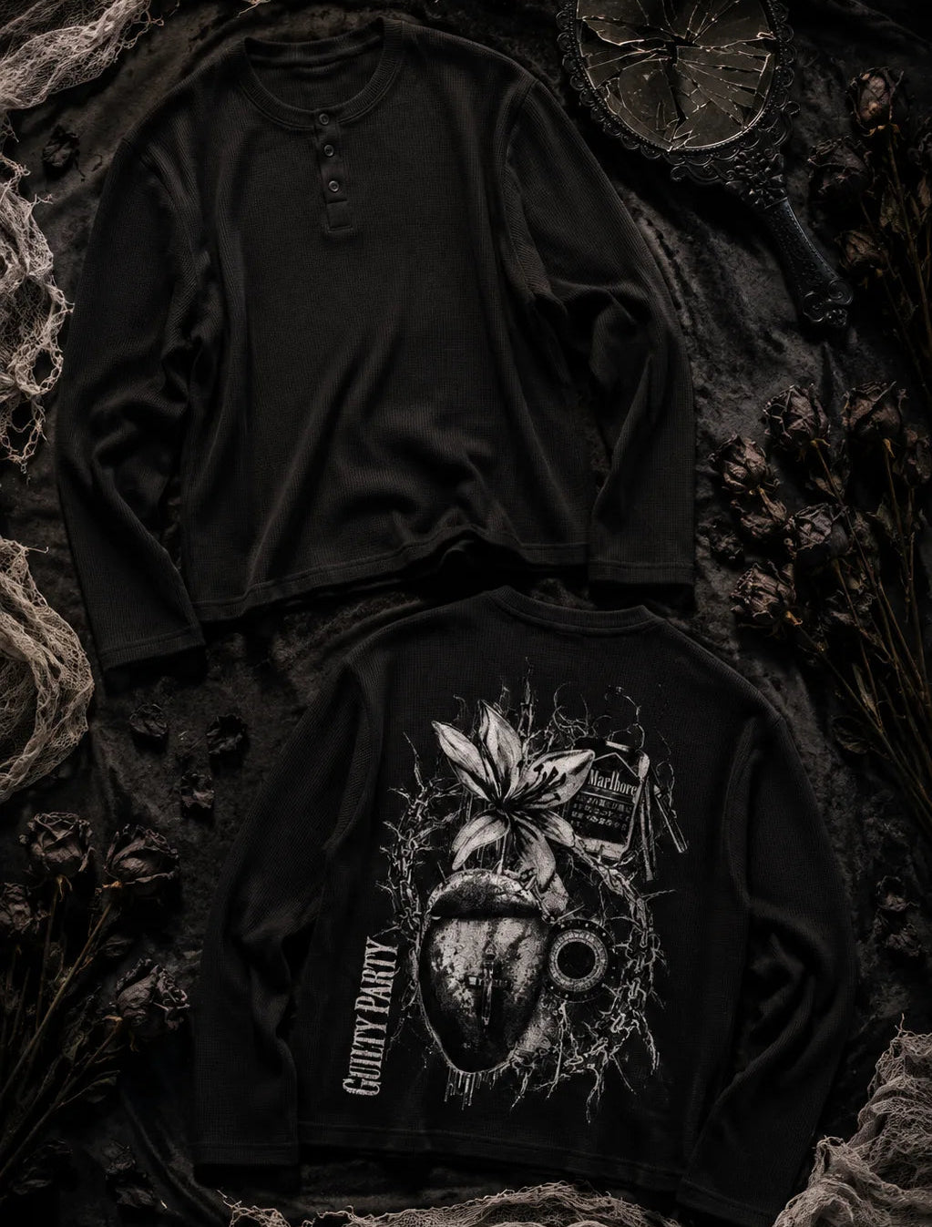 Rotten Bloom Black Henley Waffle Knit