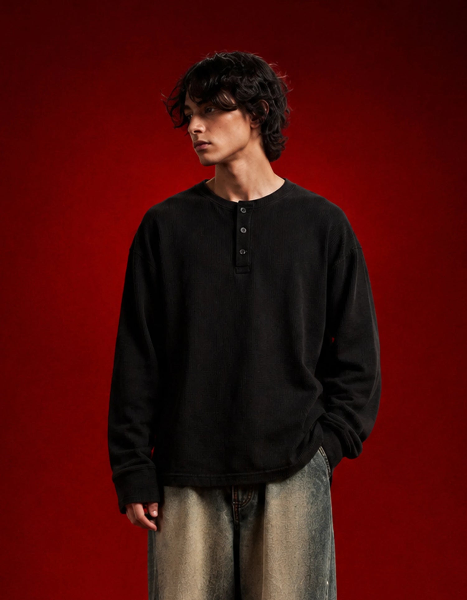 Rotten Bloom Black Henley Waffle Knit
